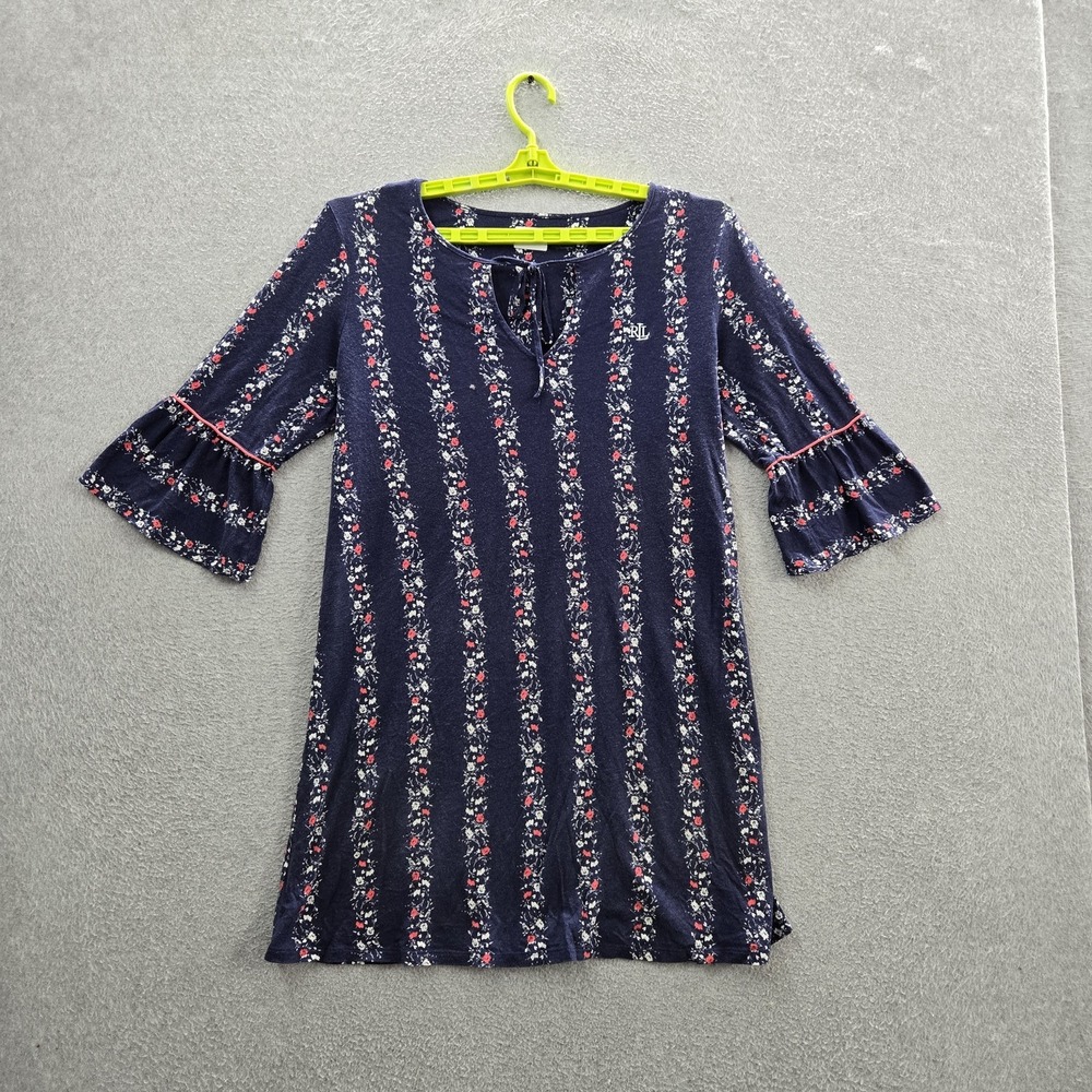 Lauren Ralph Lauren Women Dress‎ M Navy Floral Boho Ruffle Tunic Bell Sleeve